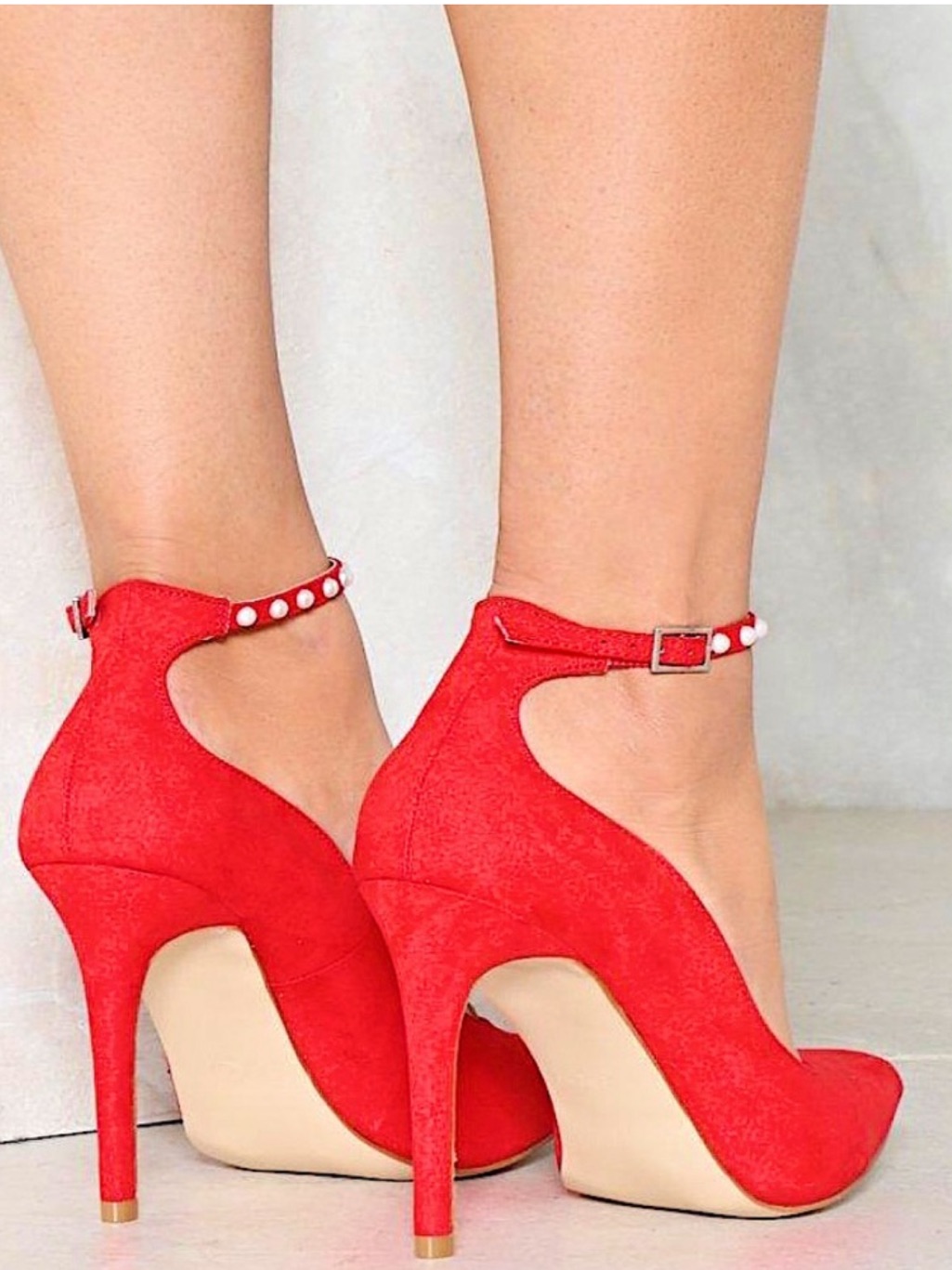 Nasty Gal Truffle Collection Red Pointed Toe Heels W/ Pearl Studded Ankle Straps